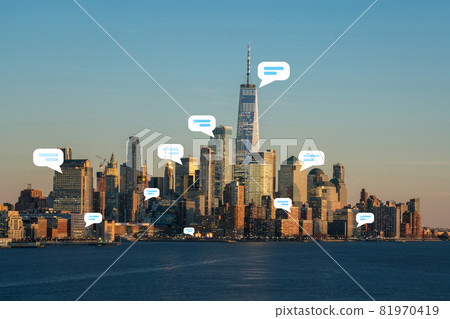 Various Bubble chat technology over New york cityscape river side which location is lower manhattan,Architecture and building with tourist concept Various Bubble chat technology over New york cityscape river side which location is lower manhattan,Architecture and building with tourist concept 81970419