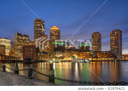 Boston skyline from Fan Pier at the fantastic twilight time with smooth water river in boston, Massachusetts, USA downtown skyline, Architecture and building with tourist and travel concept 81970421