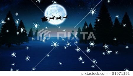 Image of silhouette of santa claus in sleigh being pulled by reindeer with snow falling and full 81971391