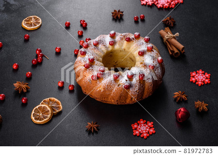 Traditional Christmas cranberry pie. Preparation of the festive table for the celebration of Christmas 81972783