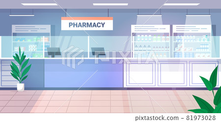 medicines arranged in shelves empty no people pharmacy modern drugstore interior horizontal 81973028