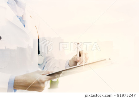 Double exposure woman doctor filling up medical form at clipboard with modern city Double exposure woman doctor filling up medical form at clipboard with modern city 81973247