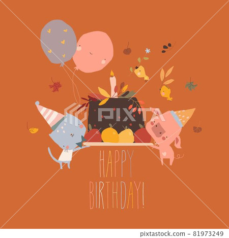 Happy Cartoon Friends Animals celebrating Autumn Birthday Happy Cartoon Friends Animals celebrating Autumn Birthday 81973249