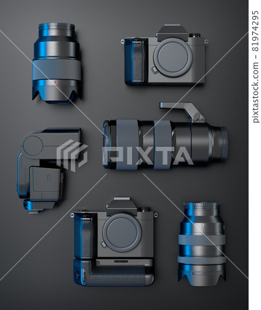 Top view of designer workspace and photography gear on black table background 81974295
