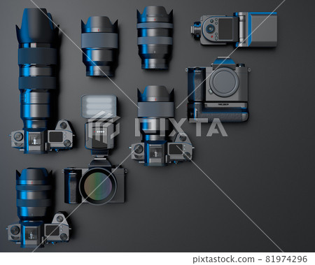Top view of designer workspace and photography gear on black table background 81974296