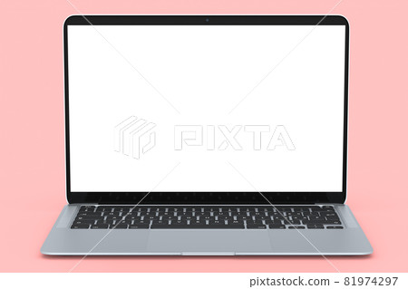 Realistic aluminum laptop with empty white screen isolated on pink background. 81974297