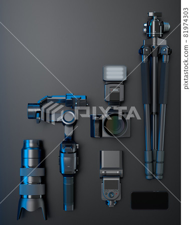 Top view of designer workspace and photography gear on black table background 81974303