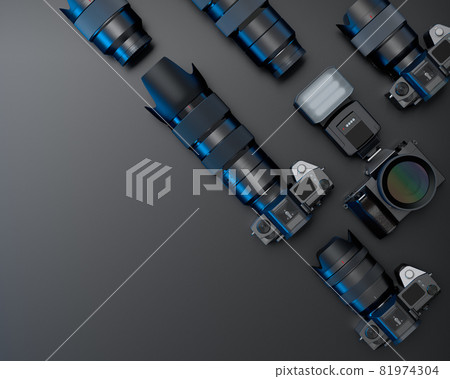 Top view of designer workspace and photography gear on black table background Top view of designer workspace and photography gear on black table background 81974304