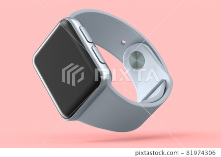 Stainless silver smart watch or fitness tracker isolated on pink background. 81974306