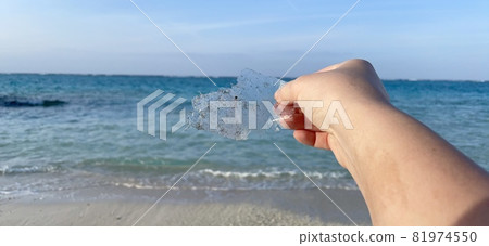 [Marine debris] Fragments of plastic bags that have washed ashore on a beautiful beach 81974550