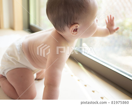 A baby in a diaper looking out with his hands on the window while hiking A baby in a diaper looking out with his hands on the window while hiking 81975860
