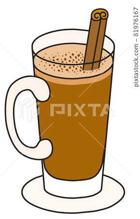 Hot buttered rum cocktail. Stylish hand-drawn doodle cartoon hipster style Christmas winter or autumn warm drink in a Irish Coffee mug garnished with a stick of cinnamon 81976167