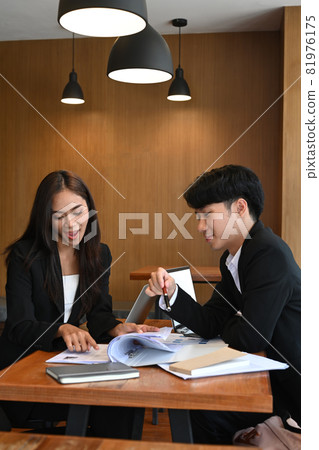 Group of HR departments read resume together for selection of new staff representatives. Recruitment and employment concept. 81976175