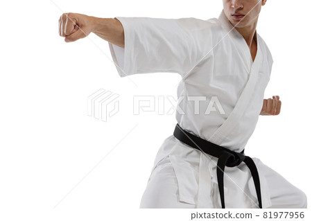 Full-length portrait of caucasian sportsman standing in front hand punchpose isolated over white background. Karate, judo, taekwondo sport Full-length portrait of caucasian sportsman standing in front hand punchpose isolated over white background. Karate, judo, taekwondo sport 81977956