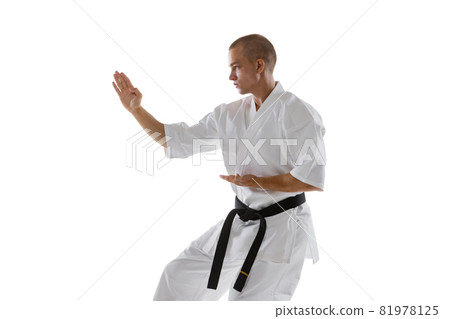 Cropped image of one caucasian sportsman training isolated over white background. Karate, judo, taekwondo sport Cropped image of one caucasian sportsman training isolated over white background. Karate, judo, taekwondo sport 81978125