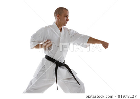 Cropped portrait of caucasian sportsman standing in punch pose isolated over white background. Karate, judo, taekwondo sport Cropped portrait of caucasian sportsman standing in punch pose isolated over white background. Karate, judo, taekwondo sport 81978127