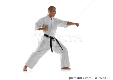 Full-length portrait of caucasian sportsman standing in punch pose isolated over white background. Karate, judo, taekwondo sport Full-length portrait of caucasian sportsman standing in punch pose isolated over white background. Karate, judo, taekwondo sport 81978128