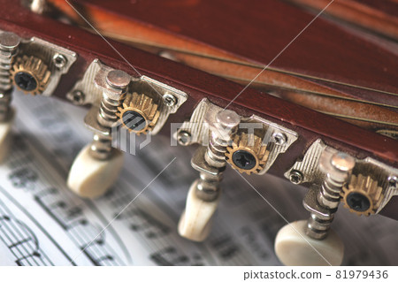 Detail of mandolin keys leaning on vanished 81979436