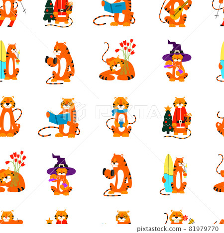 Tiger in cartoon style. Vector seamless pattern with isolated tigers illustrations. Happy New Year 2022. Chinese horoscope. Merry Christmas. Background endless texture template. Sport winter holidays 81979770
