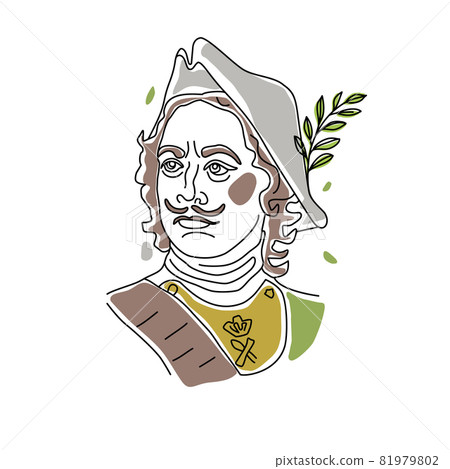 Linear trend portrait of a man in a historical military suit and hat. Russian tsar Peter 1. Vector illustration. Linear trend portrait of a man in a historical military suit and hat. Russian tsar Peter 1. Vector illustration. 81979802