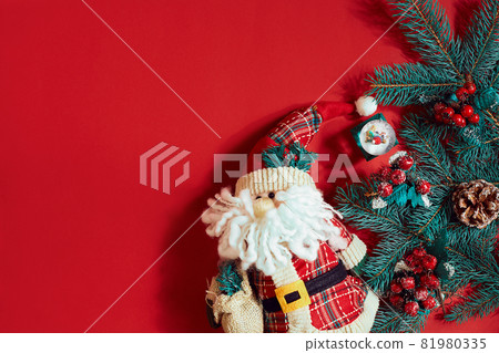 Christmas decorations on hot red background. Christmas and New Year theme. Place for your text, wishes, logo. Mock up. Christmas decorations on hot red background. Christmas and New Year theme. Place for your text, wishes, logo. Mock up. 81980335