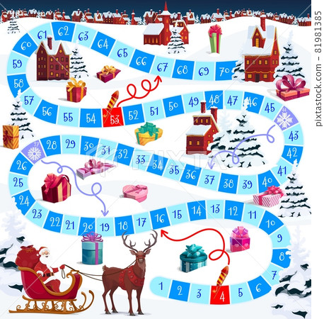 Christmas vector board game or puzzle with cartoon Santa and winter holiday village. Dice board game, from start to finish path with numbered steps, help Santa and reindeer to deliver Xmas gifts 81981385