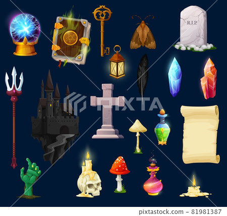 Cartoon Halloween game assets, UI characters and interface icons, vector. Halloween computer game GUI skull and magic potion elixir, horror night candle and lantern, witch crystal ball and tombstone 81981387