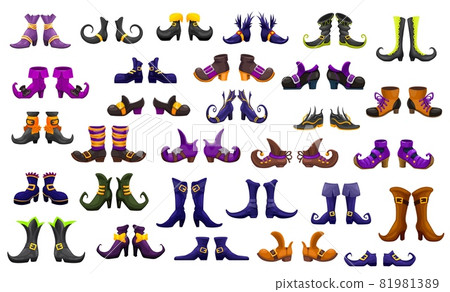 Cartoon boots, shoes of fairy, witch, wizard and warlock or sorceress and enchantress, vector icons. Halloween fairy witch or hellcat, dwarf elf or pixie magic boots or shoes with buckles and ribbons Cartoon boots, shoes of fairy, witch, wizard and warlock or sorceress and enchantress, vector icons. Halloween fairy witch or hellcat, dwarf elf or pixie magic boots or shoes with buckles and ribbons 81981389