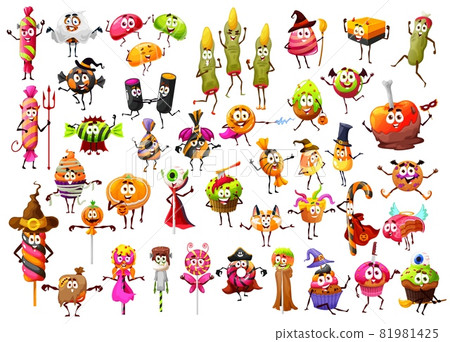 Halloween cartoon funny candies, lollipop witch fingers, candy corns and cupcakes, vector characters. Halloween holiday trick or treat sweets, scary pumpkin cookies, caramel skulls and liquorice bones 81981425