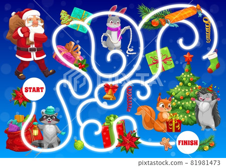 Christmas maze for kids with animals babies and Santa. Children find way activity, child labyrinth game. Santa Claus, rabbit and raccoon, fox, squirrel and hedgehog, holiday gifts cartoon vector 81981473