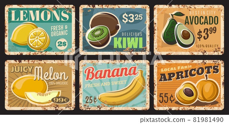 Fruits rusty plates. Hand drawn vector lemons, kiwi and avocado, melon, banana and apricots. Local farm organic products market, tropical fruits shop tin signs, grunge metal plates or price tags 81981490