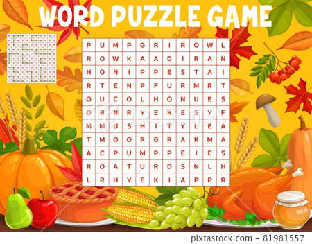Autumn leaves and Thanksgiving meals, word search puzzle game worksheet. Kids quiz grid for words search in Thanksgiving pumpkin, turkey and apple pie, maple leaf anf oak acorn with corn and honey 81981557