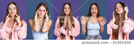Collage of portraits of young beautiful caucasian girl isolated over multicolored backgrounds. Different mood expression 81981936