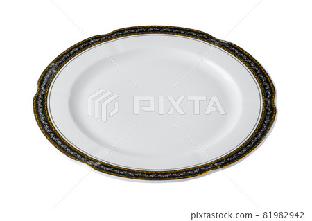 White ceramic table plate with golden border isolated on white background 81982942