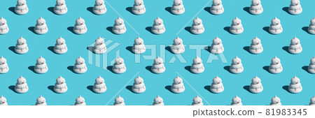 Banner with pattern of funny snowmen on blue background, as a backdrop or texture. Minimal winter concept. Wallpaper for your design Banner with pattern of funny snowmen on blue background, as a backdrop or texture. Minimal winter concept. Wallpaper for your design 81983345