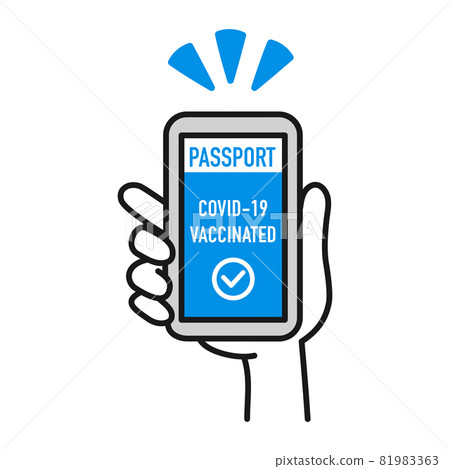 Illustration of holding a smartphone with a corona vaccine inoculated passport in hand Illustration of holding a smartphone with a corona vaccine inoculated passport in hand 81983363