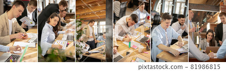 Creative collage. Young caucasian colleagues working together in a office using modern devices and gadgets Creative collage. Young caucasian colleagues working together in a office using modern devices and gadgets 81986815