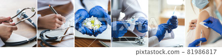 Collage. Close-up hands of doctor, therapeutic or medical adviser at work. Concept of healthcare, care and medicine. Collage. Close-up hands of doctor, therapeutic or medical adviser at work. Concept of healthcare, care and medicine. 81986817