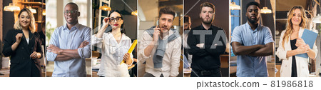 Collage of portraits of young businessmen at office, indoors. Young people working with colleagues, co-workers at office or living room. Collage of portraits of young businessmen at office, indoors. Young people working with colleagues, co-workers at office or living room. 81986818