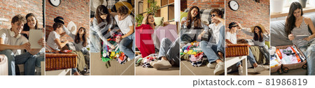 Collage. Young family couple, beautiful girl and man preparing to summer vacation sitting at home, indoors. Look happy, delighted. Collage. Young family couple, beautiful girl and man preparing to summer vacation sitting at home, indoors. Look happy, delighted. 81986819