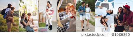 Composite collage of images of young family, couples doing apartment repair, shopping, strolling, spending time together. Composite collage of images of young family, couples doing apartment repair, shopping, strolling, spending time together. 81986820