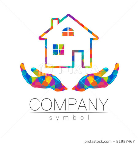 Company Logo Vector House Icon for Branding Real Estate Symbol Building and Apartment Rent Concept Sign with hands 81987467