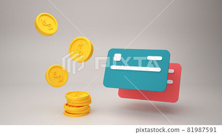 Golden coins money and credit cards 3d illustration 81987591