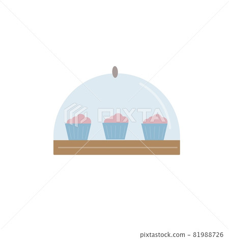 Flat cartoon cakes under transparent cover,restaurant and cafe dishes,confectionery store assortment vector illustration concept Flat cartoon cakes under transparent cover,restaurant and cafe dishes,confectionery store assortment vector illustration concept 81988726