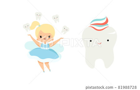 Cute Little Tooth Fairy with Blond Hair and Ponytail with First Baby Tooth Vector Set 81988728