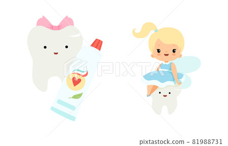 Cute Little Tooth Fairy with Blond Hair and Ponytail Sitting with First Baby Tooth Vector Set Cute Little Tooth Fairy with Blond Hair and Ponytail Sitting with First Baby Tooth Vector Set 81988731