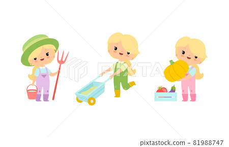 Little Blond Girl in Jumpsuit at Farm Pulling Wheelbarrow and Holding Pumpkin Vector Set Little Blond Girl in Jumpsuit at Farm Pulling Wheelbarrow and Holding Pumpkin Vector Set 81988747