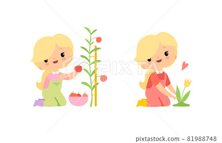 Little Blond Girl in Jumpsuit at Farm Caring About Tulip Flowers and Picking Tomato Vector Set 81988748