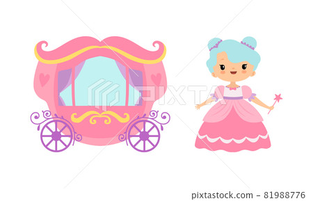 Royal Cinderella Carriage and Fairy in Pretty Dress with Magic Wand Vector Set 81988776