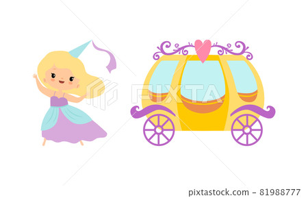 Royal Cinderella Carriage and Princess in Pretty Dress Vector Set 81988777
